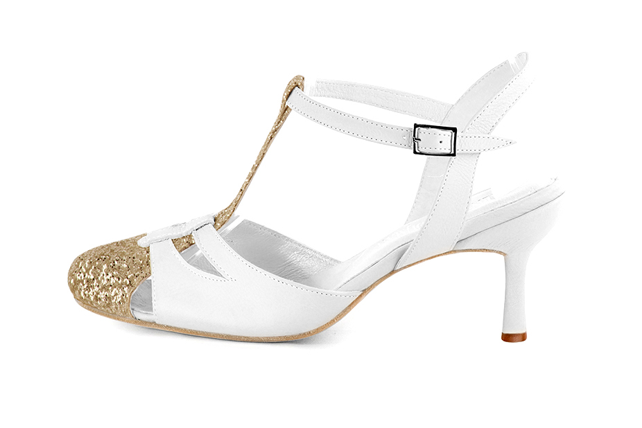 Women's gold and pure white elegant T-strap closed-toe heels. Round toe. High slim heel - Profile view